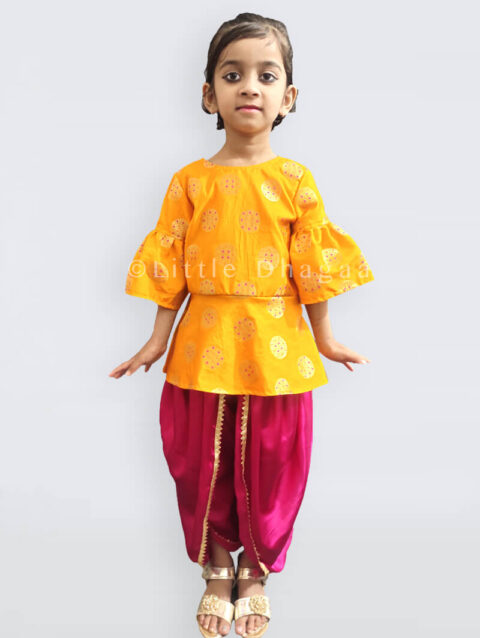 Baby Yellow Peplum Top & Pink Dhoti